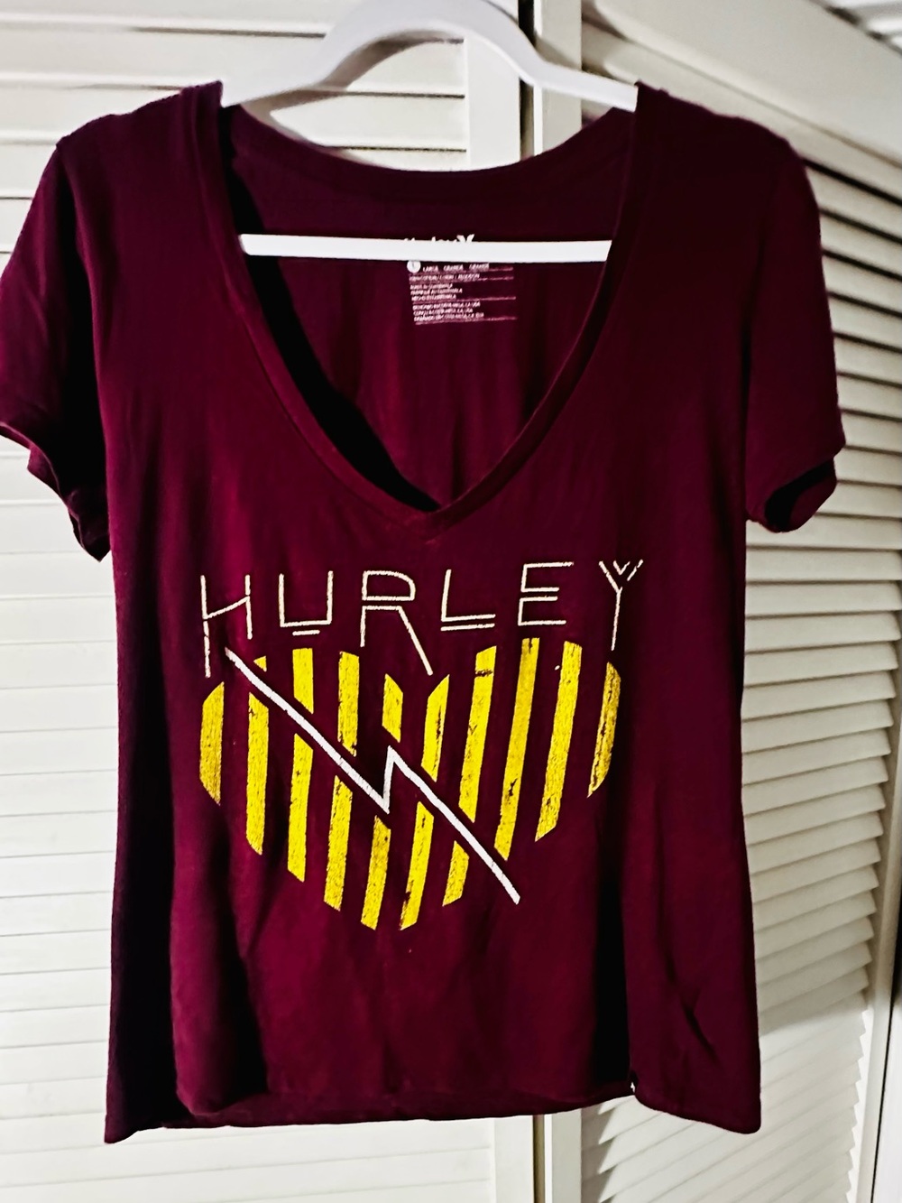 Hurley Women's Burgundy V-Neck Tee with Yellow Striped Heart